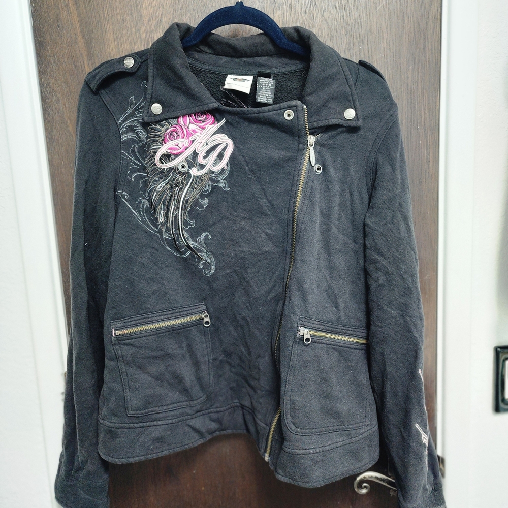 Assymetric Moto Rose Embroidered Harley Dsvidson Jacket XL - Picture 3 of 11